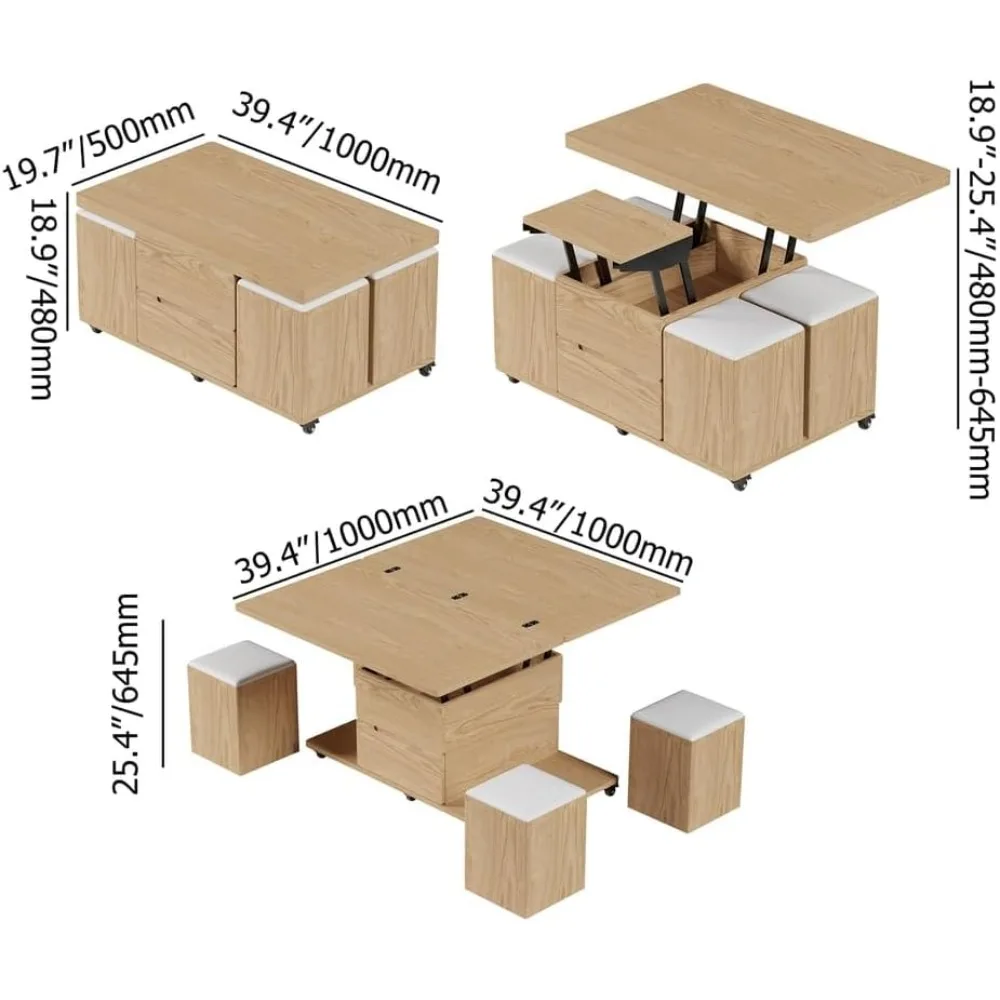 Lift Top Coffee Table with Hidden Storage, 3 in 1 Multi-Function Modern Folding Center Table with 4 Stools and Casters