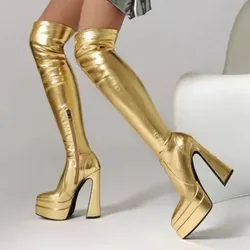 2025 14.5cm Block Heel 5cm Platform Over Knee Thigh High Boots Pointed Toe Zip Faux Leather Gold Silver Big Size 43