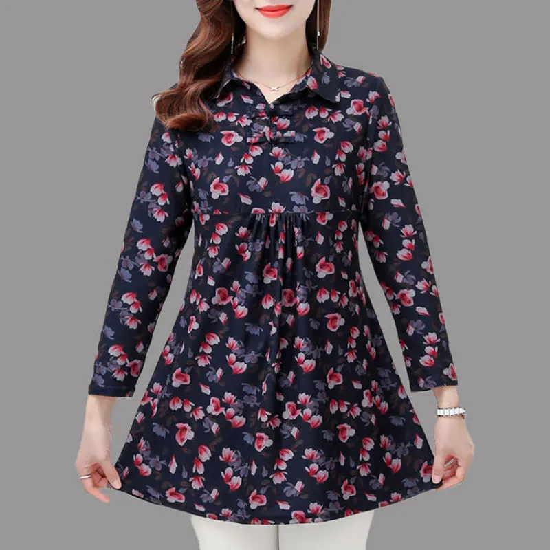 Camisa Vintage de Flores rotas para mujer, blusa Midi con hebilla de disco chino, empalmado cuello de Polo, pliegues casuales, primavera y otoño