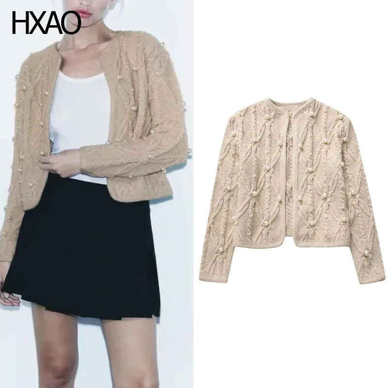 

HXAO Cropped Cardigan for Women Pearls Knitted Sweaters O-Neck Long Sleeve Cardigans Autumn Fashion Knitwear Coats