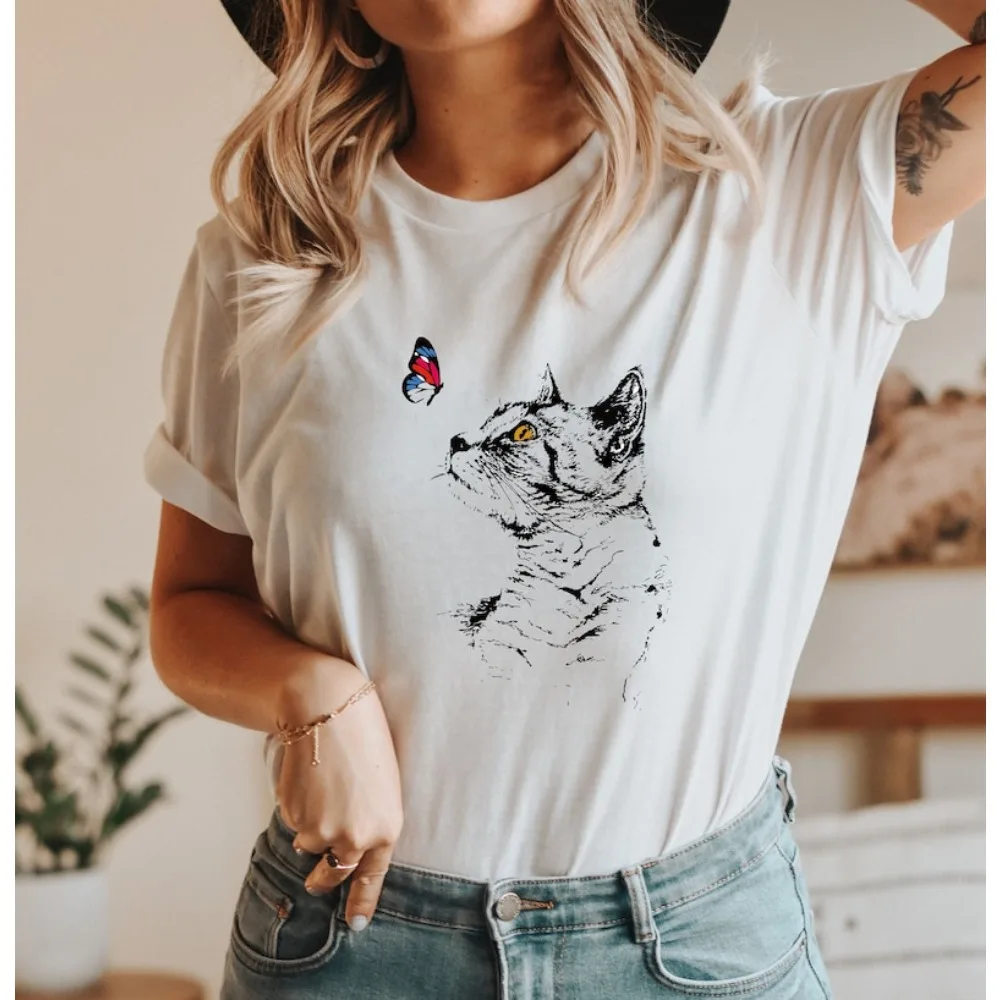 Cat and Butterfly T Shirt Hand Painted Style Pattern Print Creative Women's Short Sleeved Cute Women Casual Summer Tee Tops