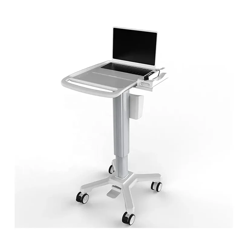 Medical trolley cart mobile computer workstation cart round basket cart mobile workstation laptop with standing desk