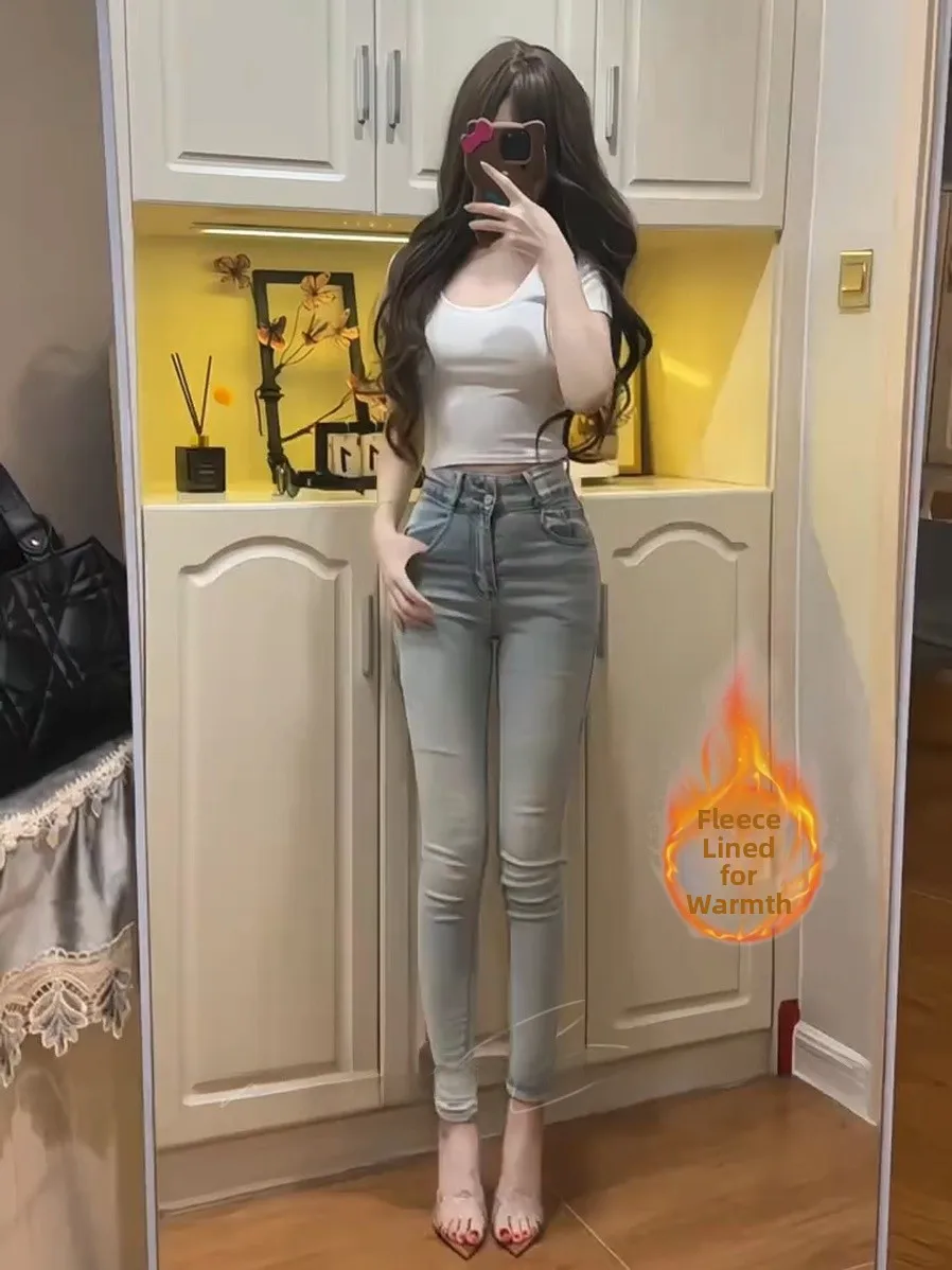

High Waist Fce Lined Slim Fit Jeans Women's Korean Sle Cotton Stretch Denim Pants Button Closure Autumn Winter Warm