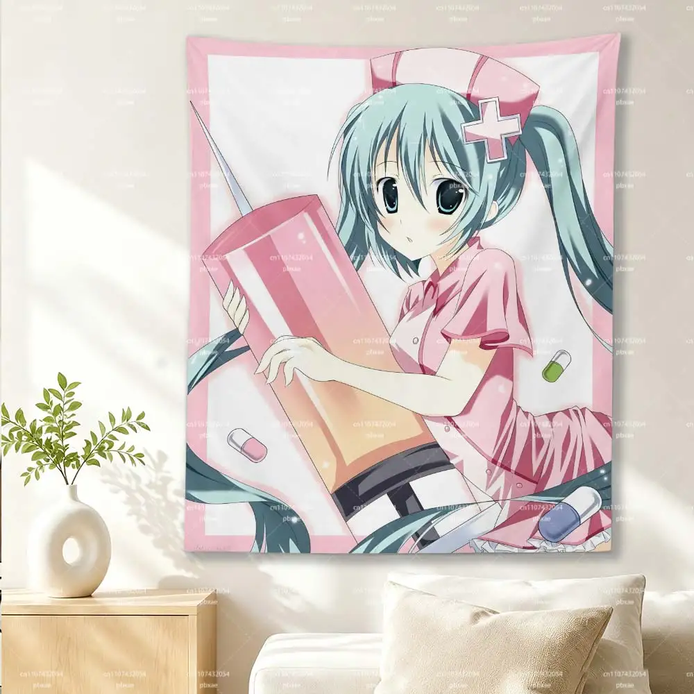 Hatsune Miku Wandteppich im Krankenschwester-Stil, rosa Anime-Wandbehang mit Twin-Tail-Girl-Spritzenmuster für Schlafzimmer, Wohnheim, Otaku-Dekoration