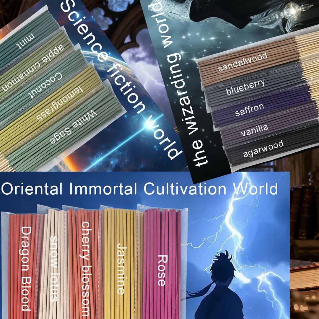 Fantasy-Themed Incense Sticks, Featuring Mint, Rose, Vanilla, Apple-Cinnamon, Jasmine, Agarwood, Coconut, Cherry Blossom, Lemongrass, Sandalwood, White Lotus, Saffron, Sage, Dragon Blood, and Blueberry Scent Powder, Are Made from Bamboo Sticks and Are Suitable for Various Occasions and Holidays, Providing Long-Lasting Fragrance