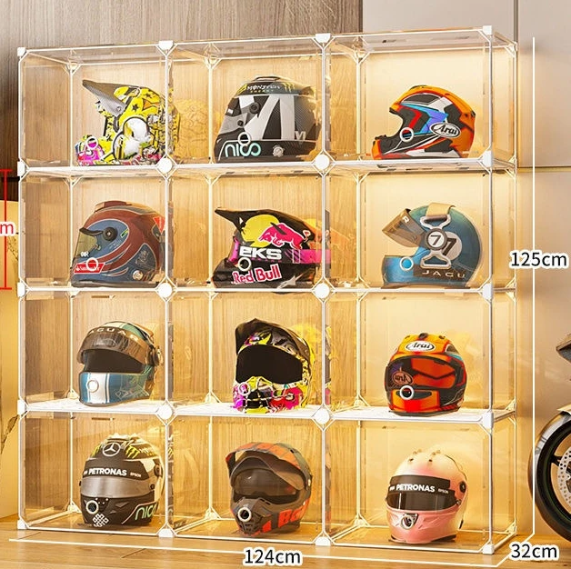 

High Face Value Motorcycle Helmet Dustproof Storage Rack Hat Transparent Show Cabinet Household Clothing Floor Mounted Shelves