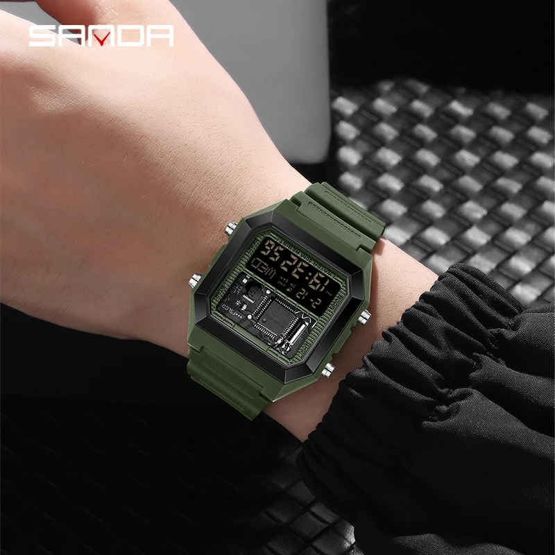 SANDA Top Brand Square Male Female LED Analog Digital Electronic Watch Multi Functional Countdown Waterproof Men's Wrist Watches