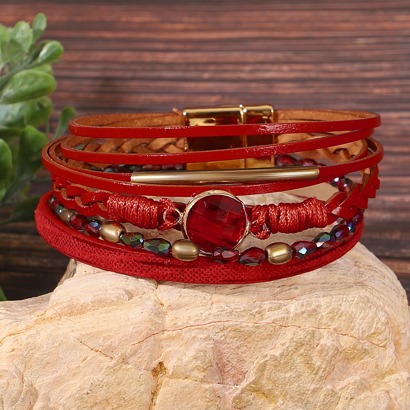 Amorcome Elegant Irregular Metal Buckle Multilayer Leather Bracelet Women Red Stackable Braided Bracelet Exquisite Jewelry Gift