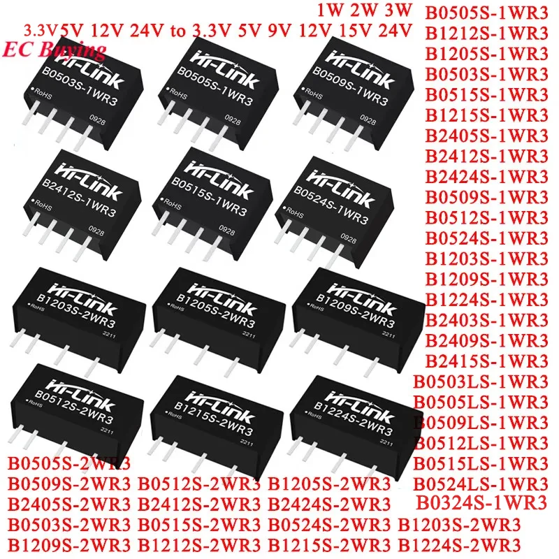 1-10Pcs Hi-Link 1W 2W 3W B0505S-1WR3 2WR B1212S B1205S B0524S 5V 12V 24V to 3.3V 5V 9V 12V 15V 24V DC-DC Converter Power Module
