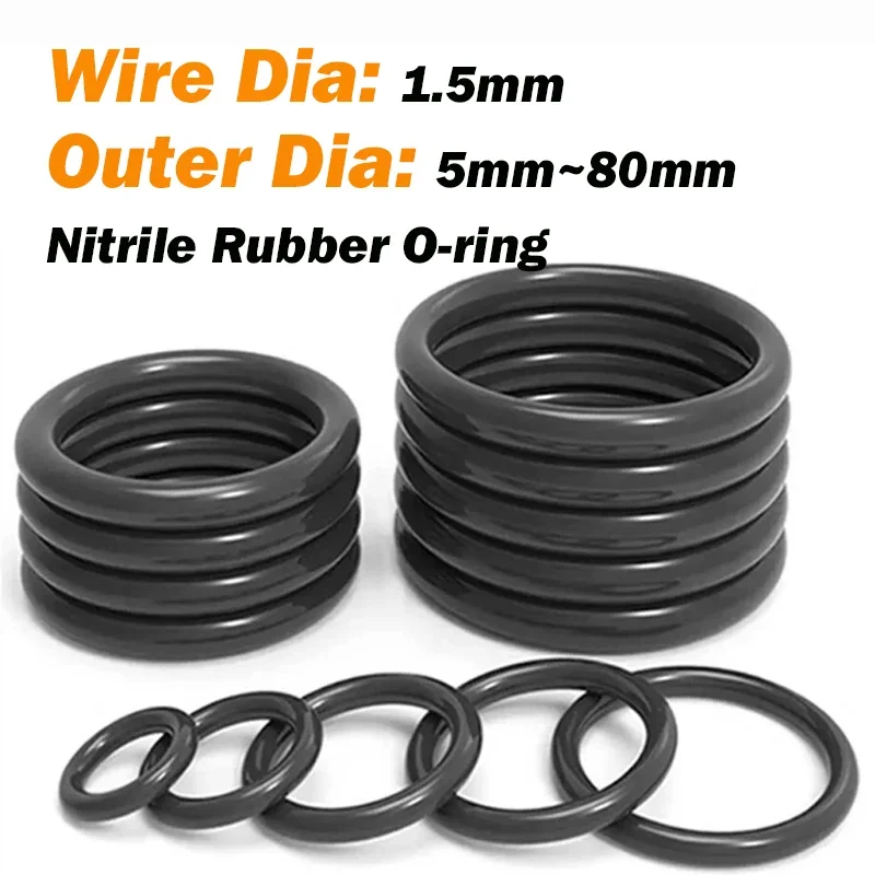 Gaskets Outer Dia 5/6/7/8/9~80mm Wire Dia 1.5mm Cross Section Black Nitrile Rubber NBR O-ring Seal Gasket Oil Sealing Oil Ring