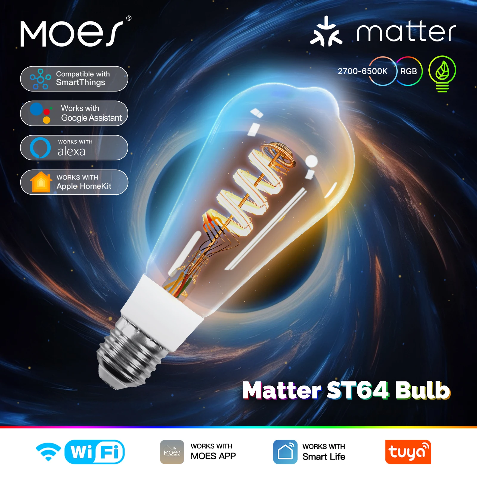 

MOES Tuya Smart LED Bulb WiFi/Zigbee/Matter Vintage Edison filament 16 Million RGB Colors Dimmable Support Alexa Google Home