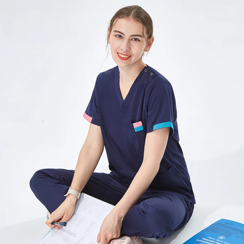 Uniforme Médico Quirúrgico sedoso para hombres y mujeres, uniforme de enfermera, ropa de trabajo veterinaria, traje estético 003