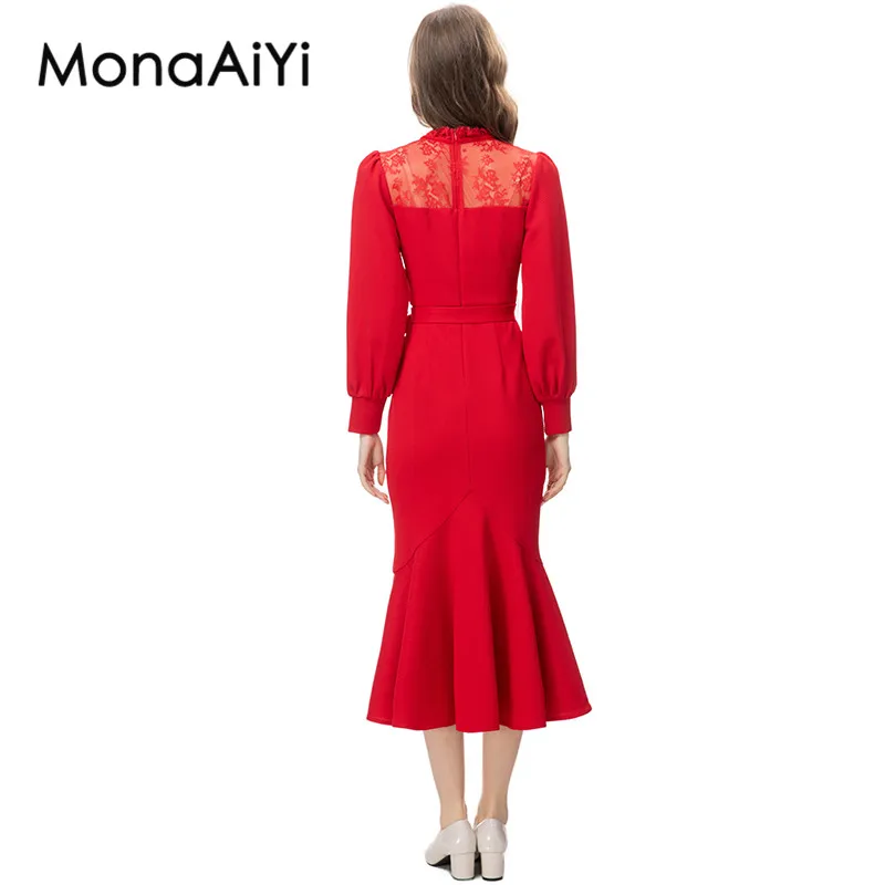 MonaAiYi New Fashion Runway Designer Women's Lace High Collar Long Sleeved Detachable Waistband Red Fish Tail Dresses