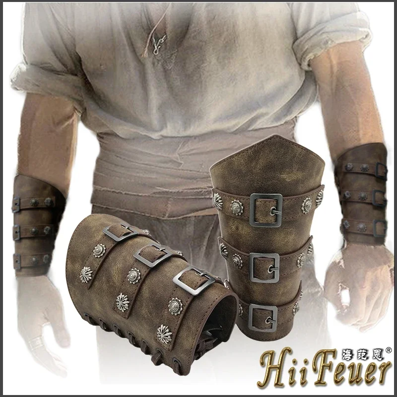 1Pc Men Viking Warrior Knight Gauntlet Wristband Medieval Cosplay Props Leather Rivet Armor Arm Warmers Bandage Bracer JS6514