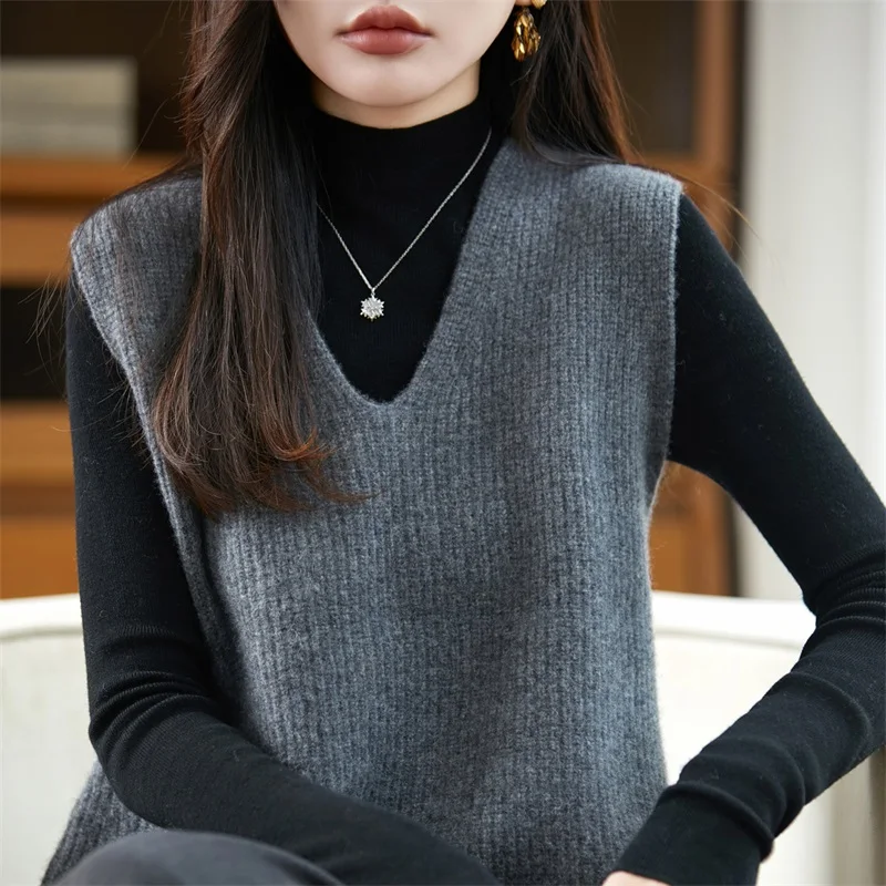 Outono inverno feminino 100% lã merino pulôver colete camisola com decote em v malhas cashmere macio solto estilo sem mangas roupas topo