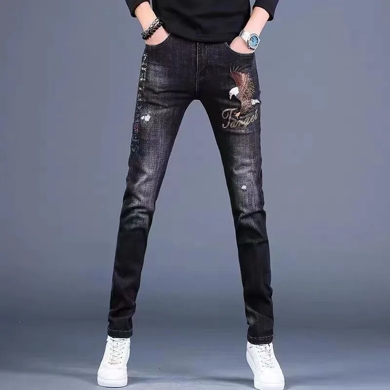 

High Quality Men’s Black Denim Pants,Classic Eagle Print Decors Street Jeans,Slim-fit Korea Version Casual Jeans,Cool Jeans Men;