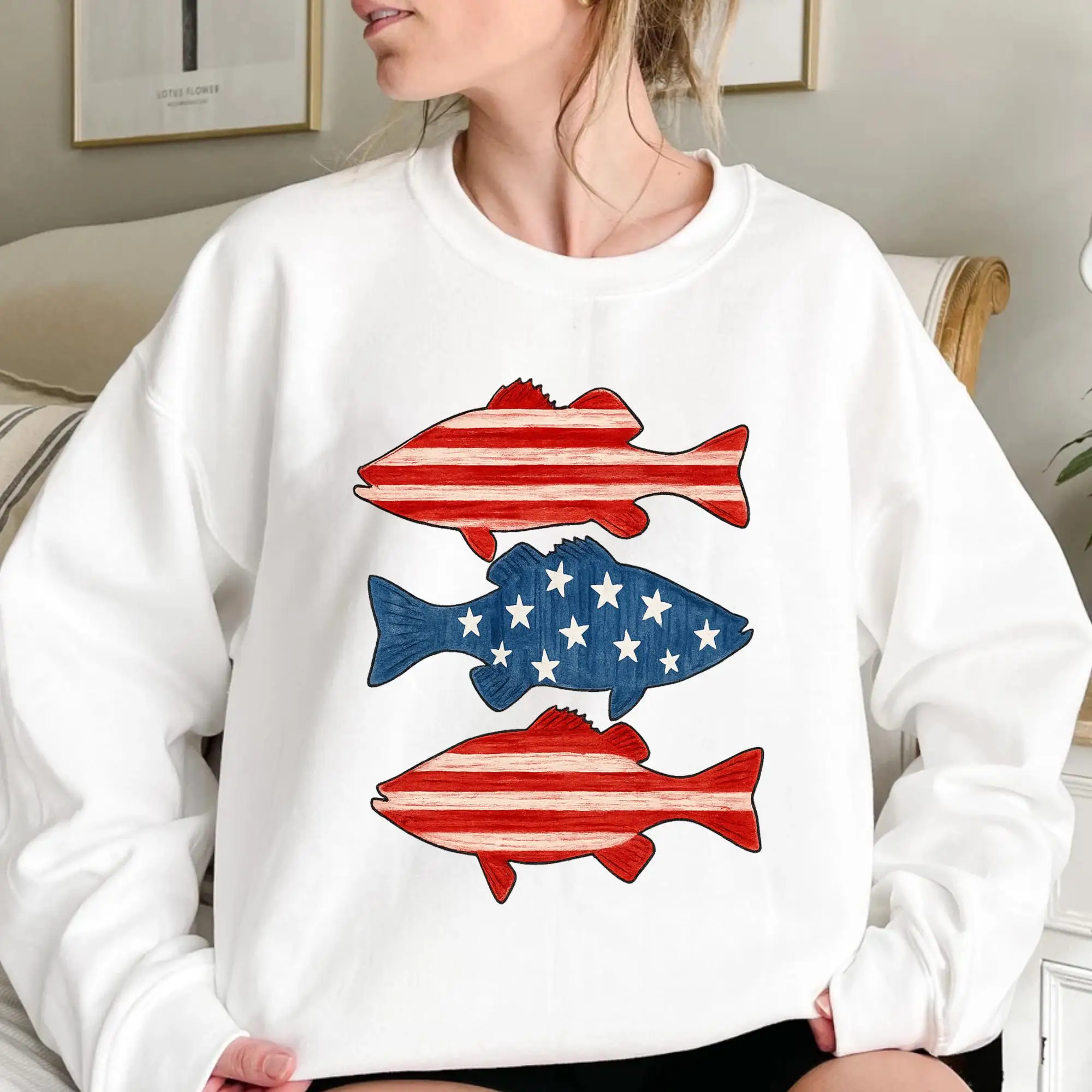 

Fishing American Flag Sweatshirt Hoodie Men's and Women's Fashion Round Neck Sweatshirts Y2k Tops Autumn Pullover Women Clothing