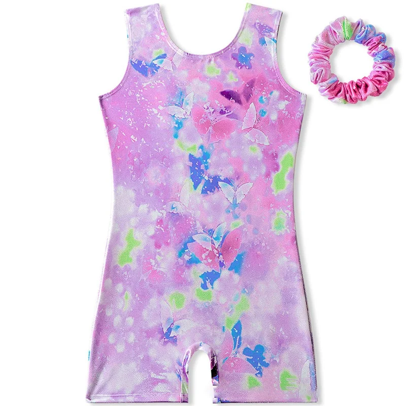 Gymnastics Leotard Girls Ballet Leotard Dance Foil Printing Tank Biketard Kids Shinny Metallic with Hair Tie