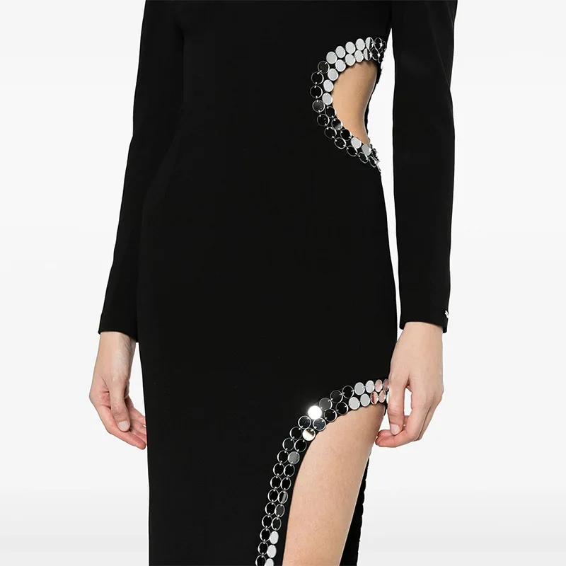 HUISONG High Street New Fashion 2025 Party Dress Women's Diamonds Beaded Slit Hollow Out Long Maxi Dress Evening Gown sb55hi