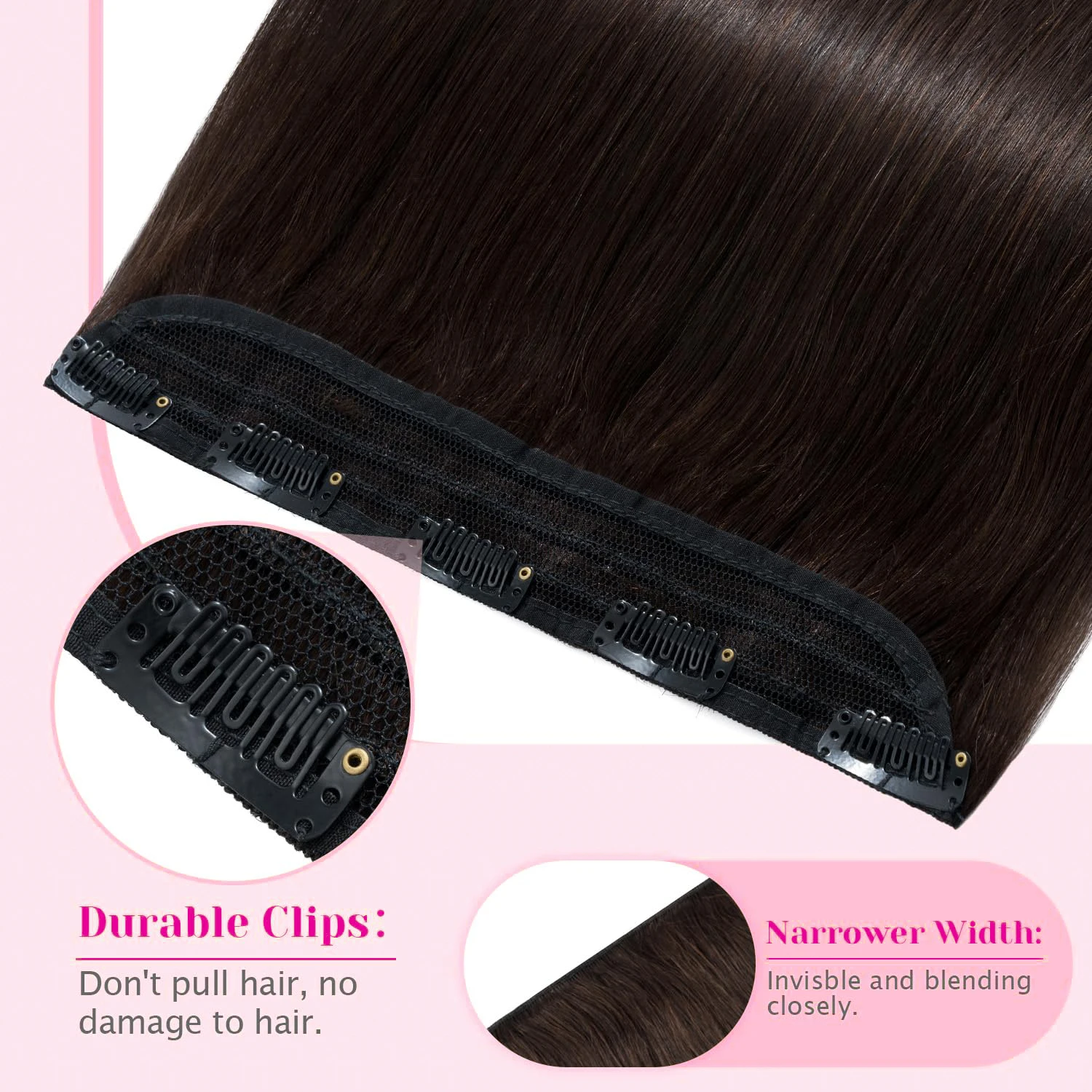Dark Brown One Piece Hair Extensions Silky Straight Clip In Human Hair 5 Clips 3/4 Full Head Clip On Hair Extensions For Women