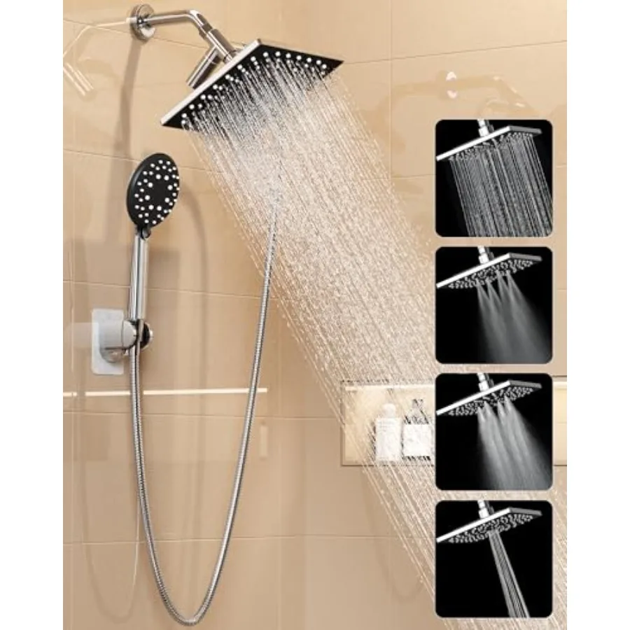 

High Pressure Rain Shower Head with Multi-Functions Square Rainfall Shower Heads with 5-Mode Handheld Spray Combo Detachable Ha