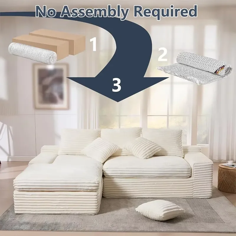 Modern Small L-Shaped Sectional Couch Fluffy Corduroy Cloud Couches Compression Boneless Sofa No Assembly Required