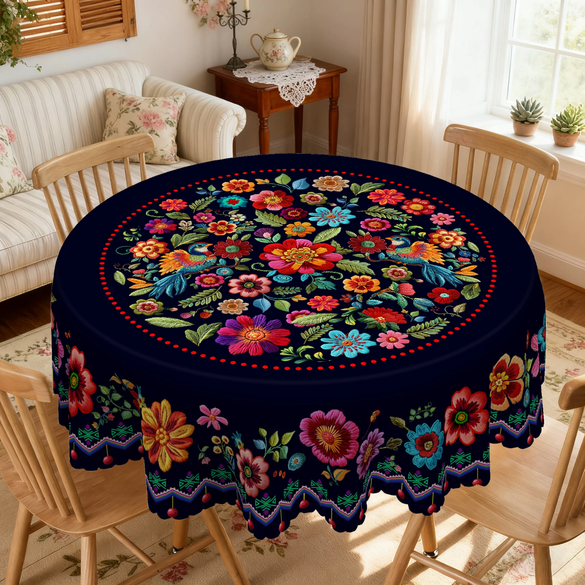 1 Piece Mexican Carnival Celebration Printed Tablecloth, Vintage Farmhouse Style, Vibrant Mexican Floral Pattern Design, Suitable for Mexican Day of the Dead, Cinco De Mayo, Camping Picnics, Holiday Gatherings, Garden Bbqs, Birthday Party Decorations, Kitchen Accessories, Tablecloth for Indoor and Outdoor Use in Restaurants, Patios, Perfect Gift for Friends, Round and Rectangular Tablecloths, Various Sizes Available