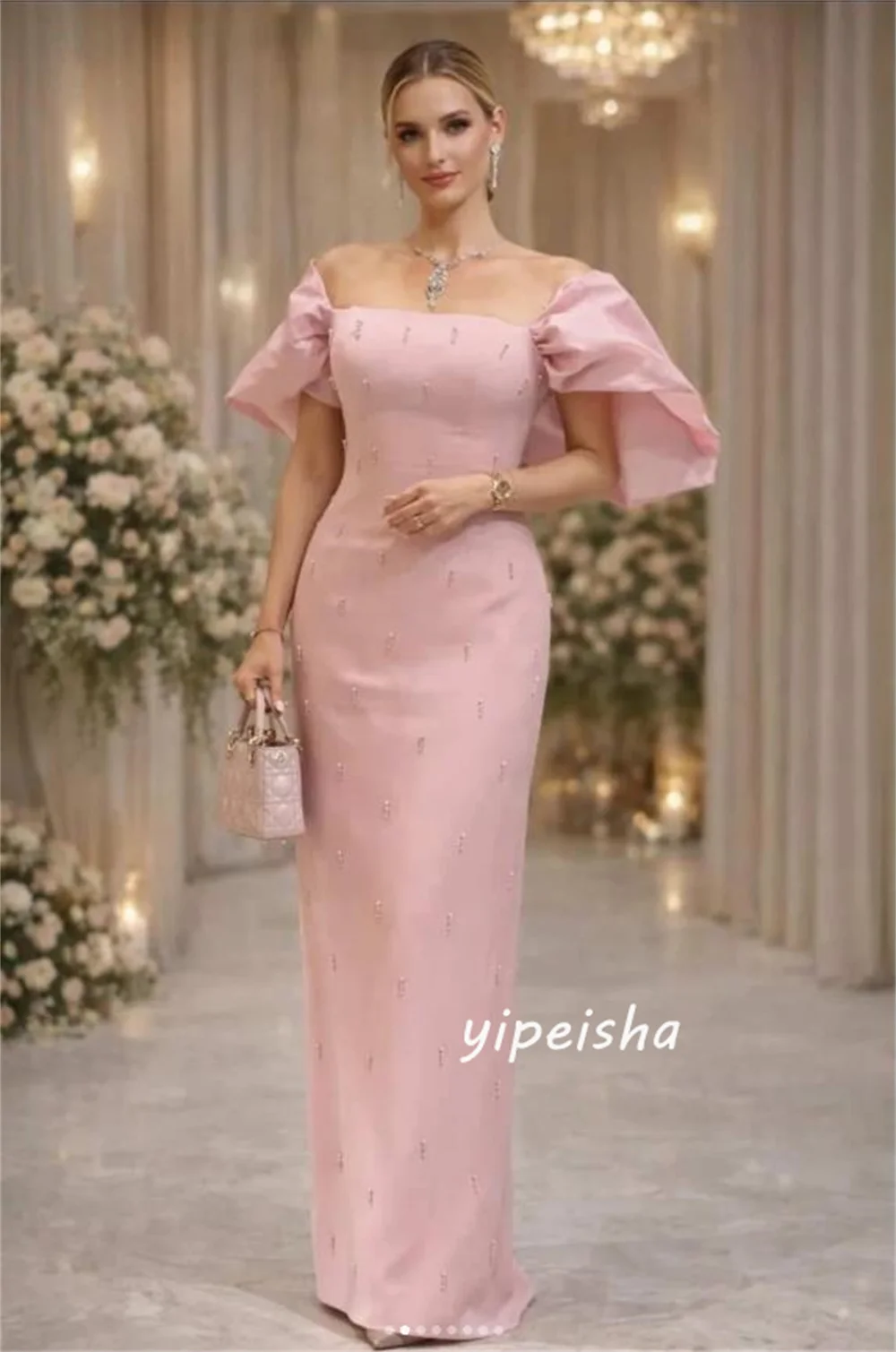 Customized Pink Exquisite Retro Jersey Pearl Beading Straight Off-the-shoulder Floor-Length Evening Dresses Sizes Available