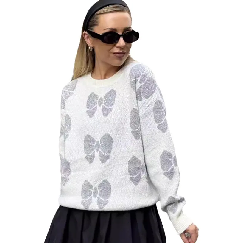 나비 프린트 유럽 및 미국 라운드 넥 니트 스웨터, 가을 및 겨울 소매, 루즈 캐주얼 여성 상의