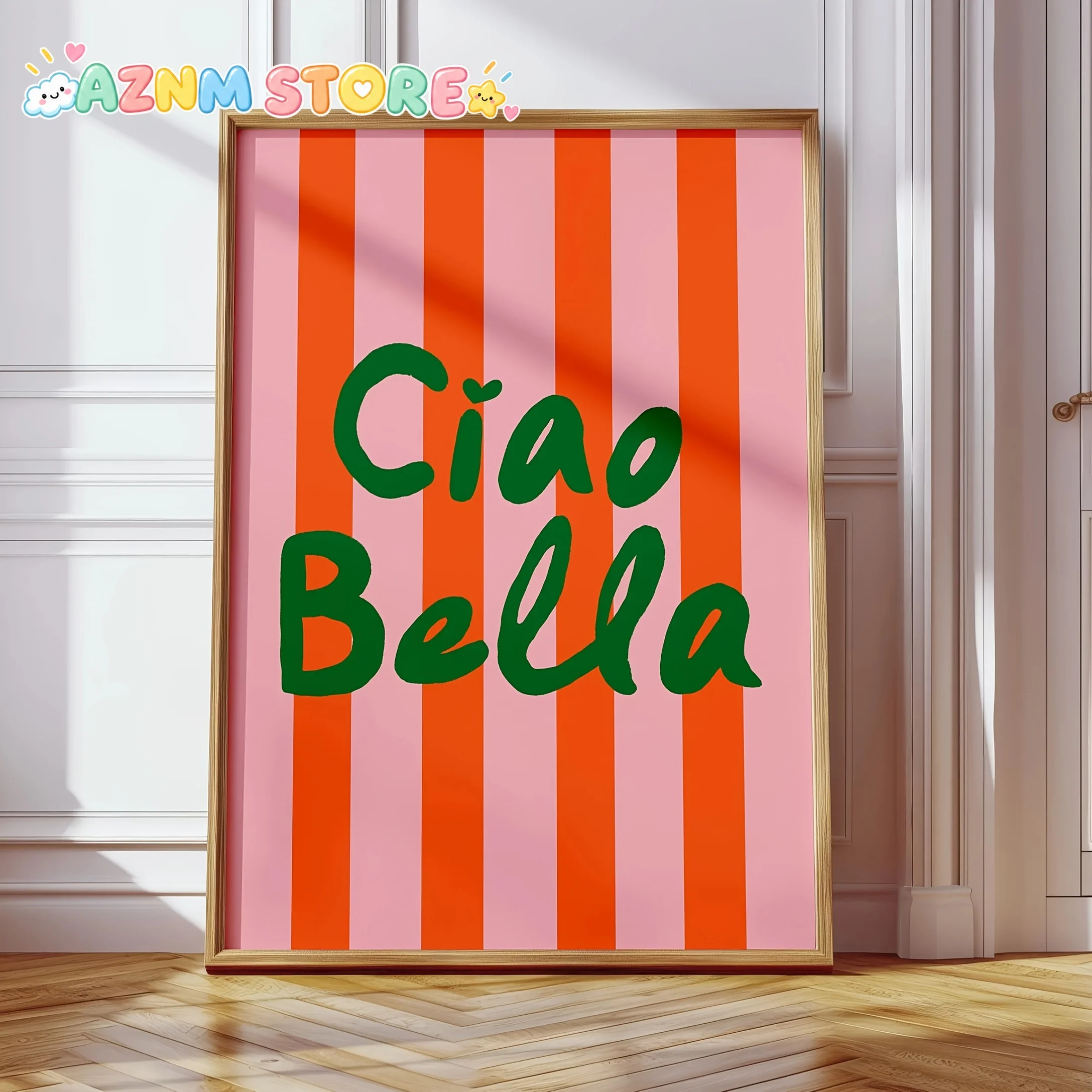 1PC 2D Flat   Frameless Canvas Artwork Featuring Modern Design, a Ciao Bella Print with Pink And Orange Stripes, Perfect for