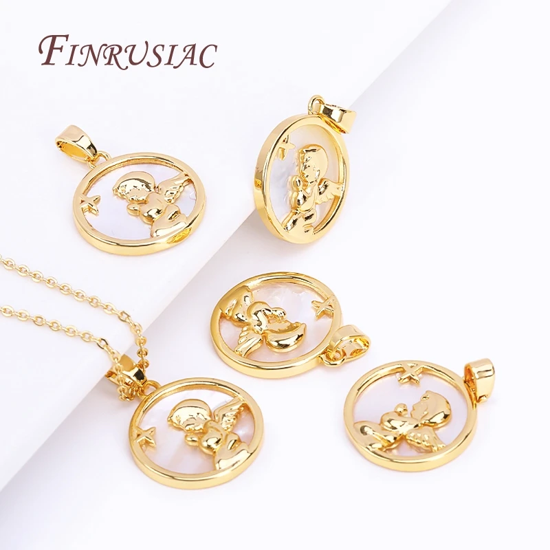 18K Real Gold Plated Angel Praying Suspension Pendant For Making Necklace,Natural Shell Round Charms DIY Handmade Jewelry
