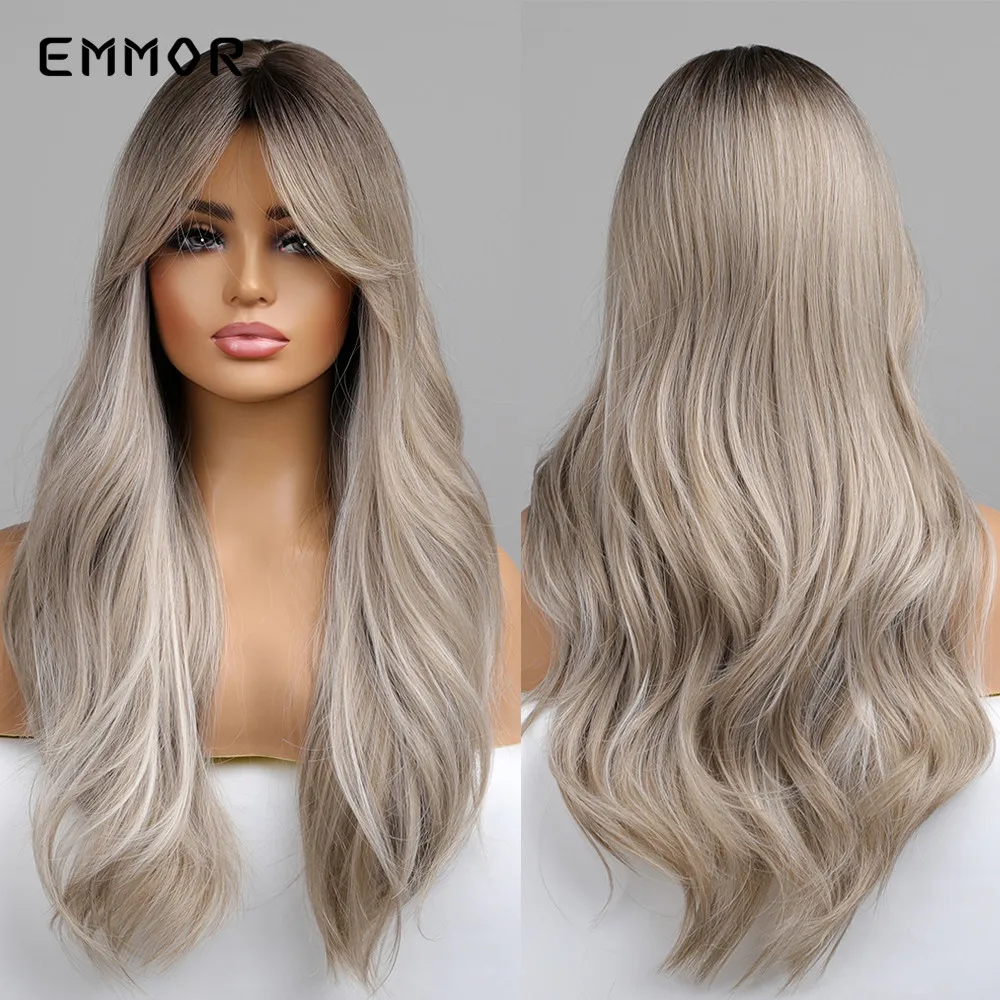 Emmor Synthetic Long Wavy Wigs with Bangs Cosplay Natural Ombre Brown to Ash Brown Hair for Women High Temperature Fiber Wig