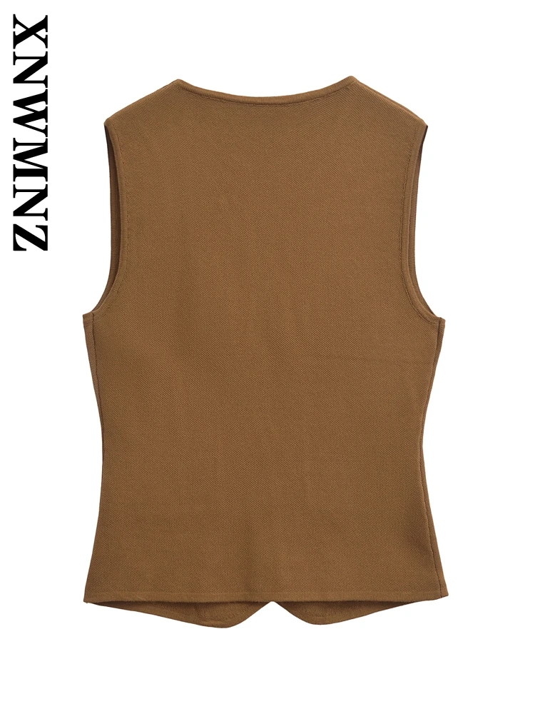 XNWMNZ 2024 New Autumn Woman Casual Solid Color Knit V-Collar Cardigan Vest Female Vintage Sleeveless Single-breasted Gilet Top