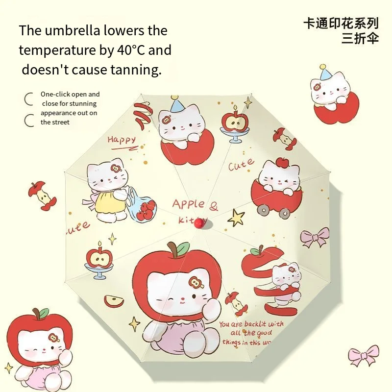 

Sanrio Hello Kittys, милый зонт от солнца с принтом для девочек, новый стиль, виниловый мультяшный автоматический зонт с защитой от ультрафиолета, три складных зонта
