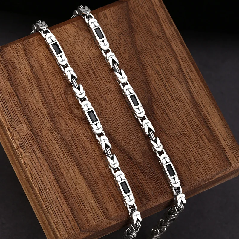 Real 925 Sterling Silver Necklace For Men Women Vintage Handmade Byzantine Chain Gemstone Jewelry Pure Silver Choker Link 24inch