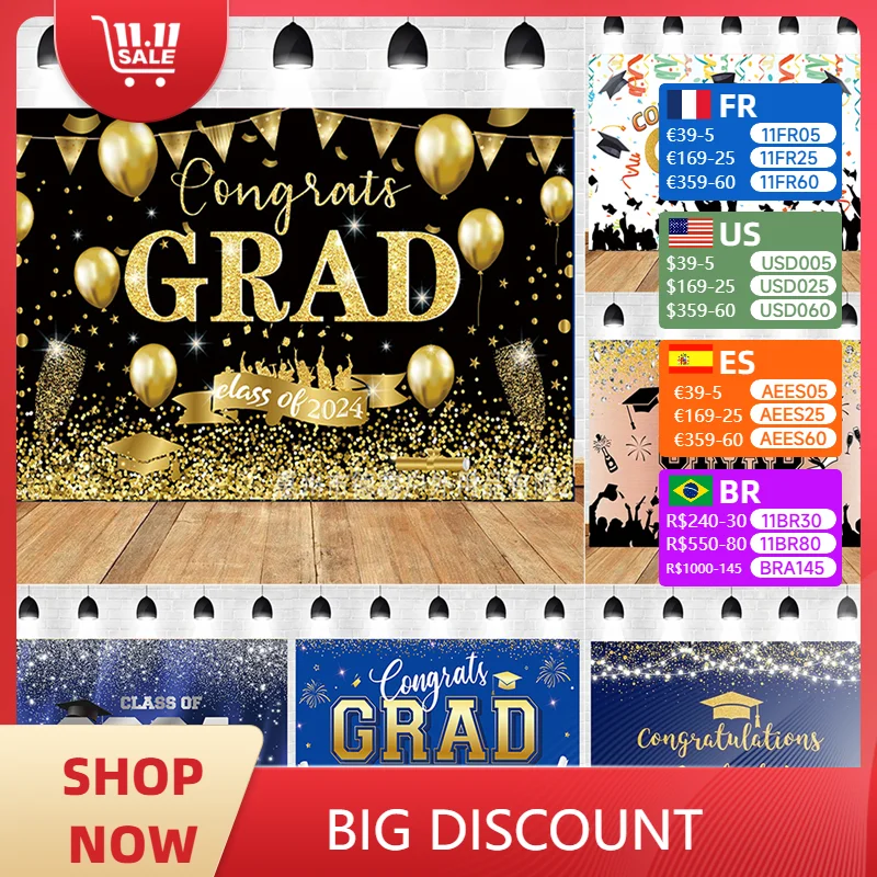 2024 Graduation Theme Photography Backdrops Graduation Ceremony Party Decor Bachelor Hat Pink and Gold Glitter Balloons Banner