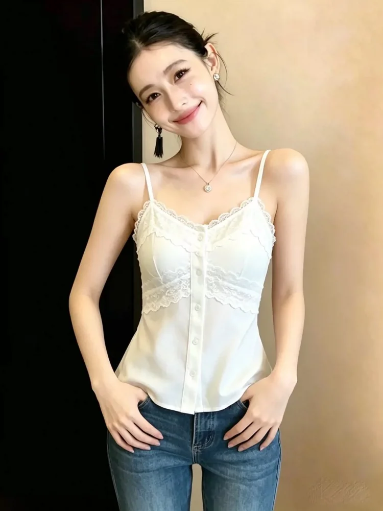 Summer Women's V-neck Lace Trim Camisole Tank Top 95% Cotton Underwear Pure Color Base Layer Simple Style Inner Wear