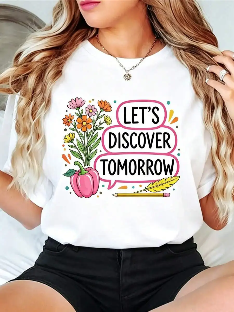 Women Trendy Let's Discover Tomorrow Print Crewneck Short Sleeve T Shirt Casual Spring And Summer Daily Wear Everyday Wear Casual Top