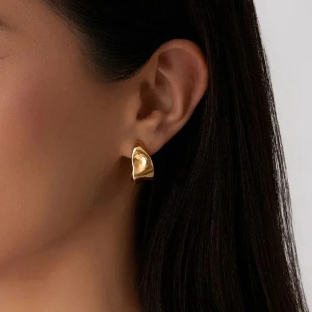 YHTOT Minimalist 18K Gold Plated Stainless Steel Folded Earrings Waterproof Smooth Surface Women's Jewelry Daily Wear