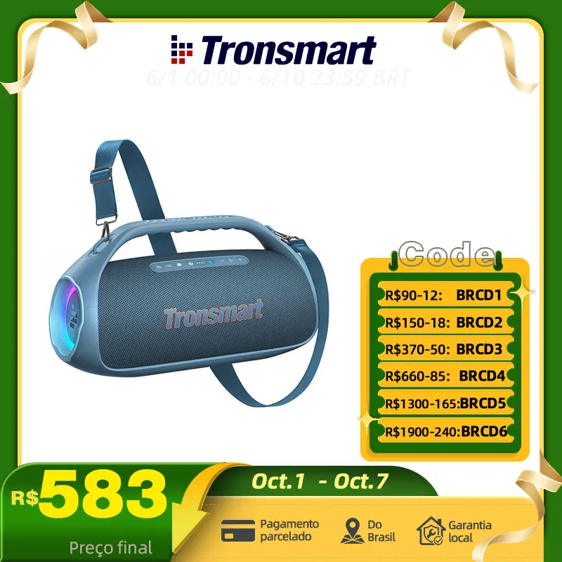 Tronsmart Caixa de Som Bang 2 90W Boombox Bluetooth para Área Externa com Subwoofer, Graves Potentes, 26 Horas de Reprodução, IPX6 à Prova d'Água, Caixa de Som Portátil para Camping