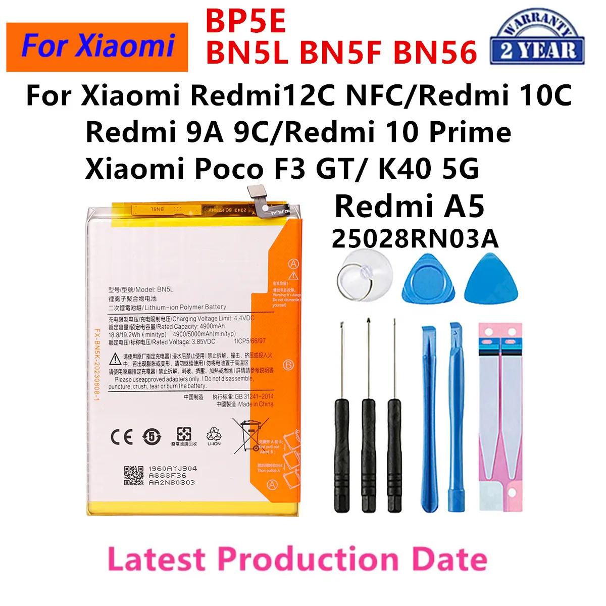 Brand New BN5L BN5F BN56 BP5E Battery For Xiaomi Redmi 12C/ 10C/ 9A 9C/10 Prime /K40 5G /POCO F3 GT /  M2 Pro/Redmi A5
