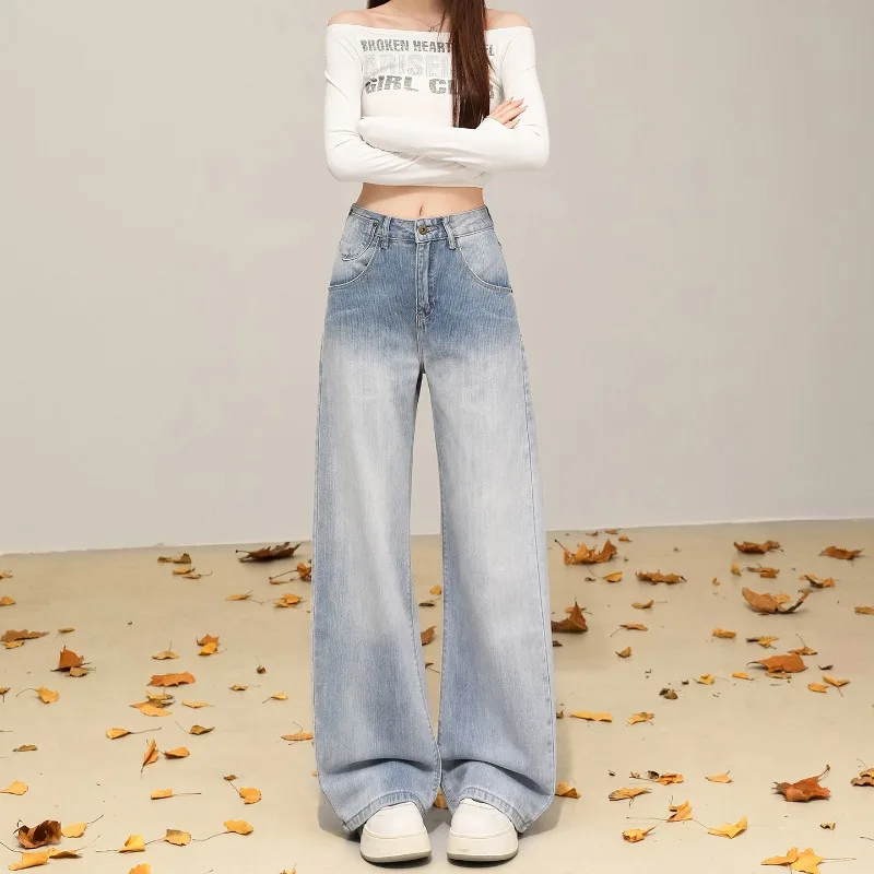 Women's Jeans Wide Leg Loose Fit High Waist Pants Adjustable Waist  Denim Trousers Vintage Street Style Casual