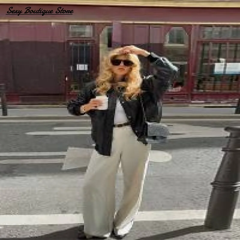 Moda damska Płaszcz dżinsowy Zestawy spodni Długi rękaw Klapa Jednorzędowy Płaszcz dżinsowy Luźne spodnie Vintage 2025 Nowe stroje damskie