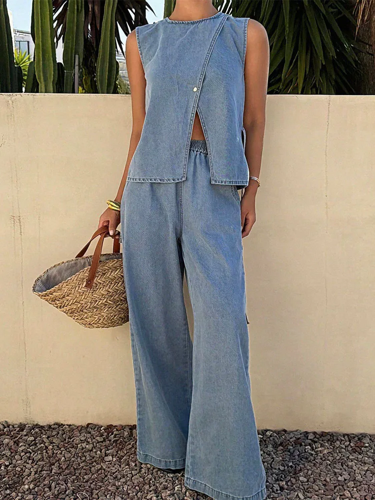 Summer New Blue Denim Suits Women Vintage Round Neck Sleeveles Slit Tank Tops Elastic Waist Pants Stylish Casual Female 2Pcs Set