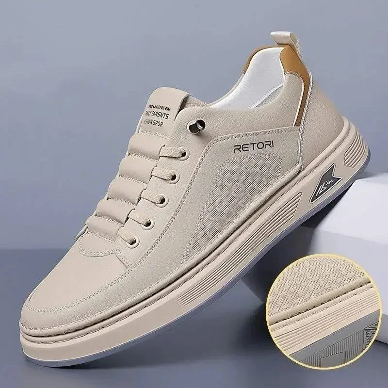 أحذية رياضية رجالية كاجوال من الجلد قابلة للتنفس، أحذية رياضية بيضاء عصرية، أحذية رياضية للشباب، نعال مريحة من مادة البولي يوريثين #4