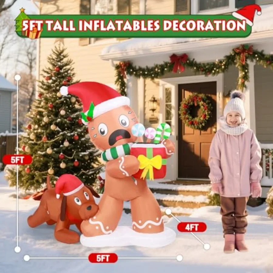 

Рождественский пряничный человечек, надувные украшения для собак, уличные 5 футов, забавные надувные украшения для двора со светодиодной подсветкой Xma