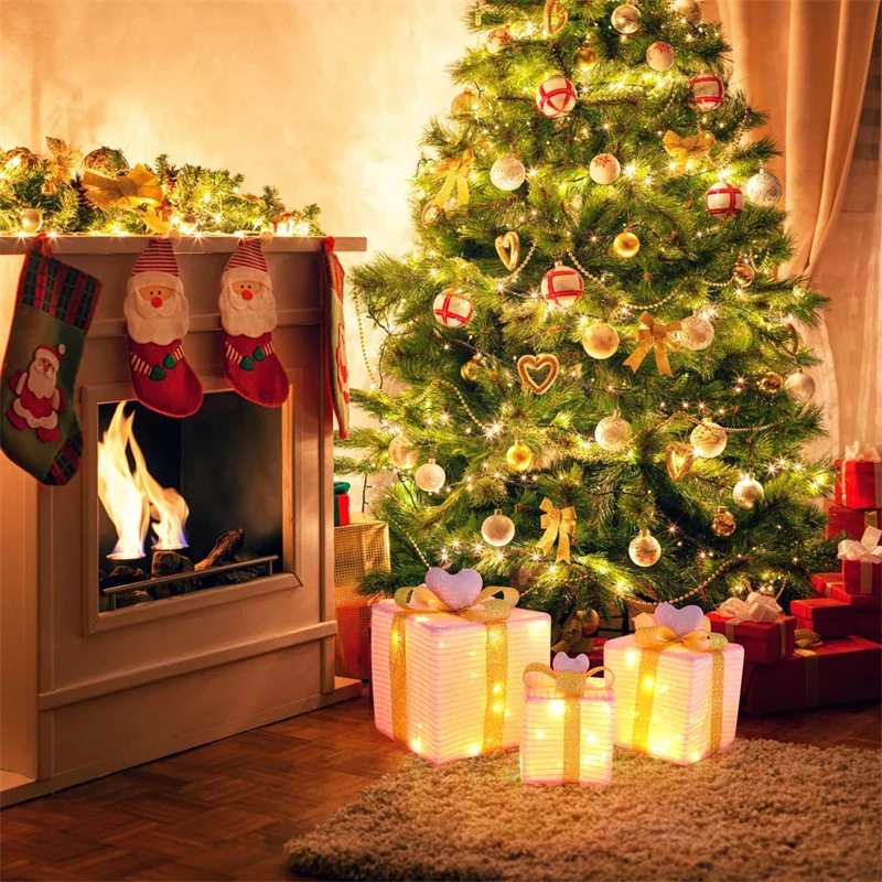 3Pcs/Set PVC Christmas Gift Box Set Luminous Folding Christmas Lighting Box with Bow Ribbon Christmas Glowing Decoration Outdoor