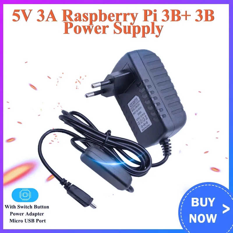 

5V 3A Raspberry Pi 3B+ 3B Power Supply with Switch Button Power Adapter Micro USB Port for Pi 3B Zero 2 W Orange Pi Zero