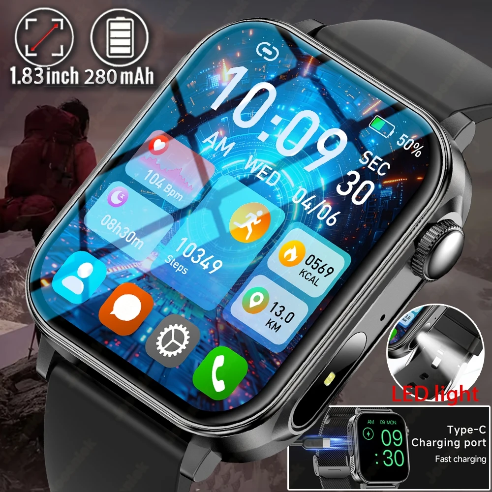 

New Type-C Charging Bluetooth Call Smart Watch 1.83‘’ HD Full Screen Touch Flashlight 100+ Sports Mode Waterproof Smartwatch