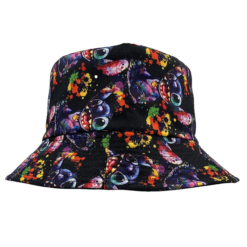 Anime Figure Disney Stitch Fisherman Hat Graffiti Black Cartoon Colorful Full Printing Adult Fashion Round Cap Sunscreen Sun Hat